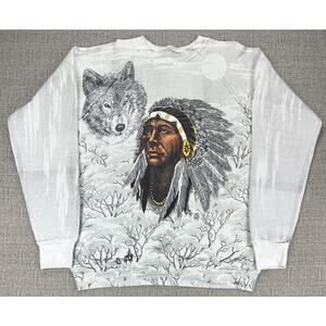 Vintage Wolf Native American Sweatshirt Mens Large AOP All Over Graphic 90s